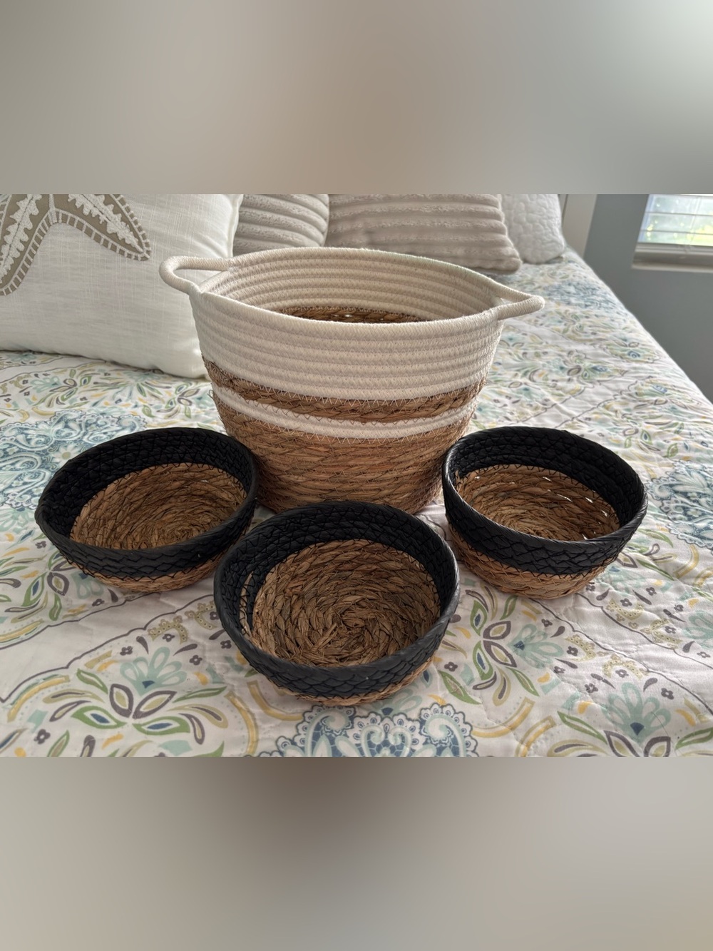 Woven Rope Storage Baskets - Natural & White (Set)